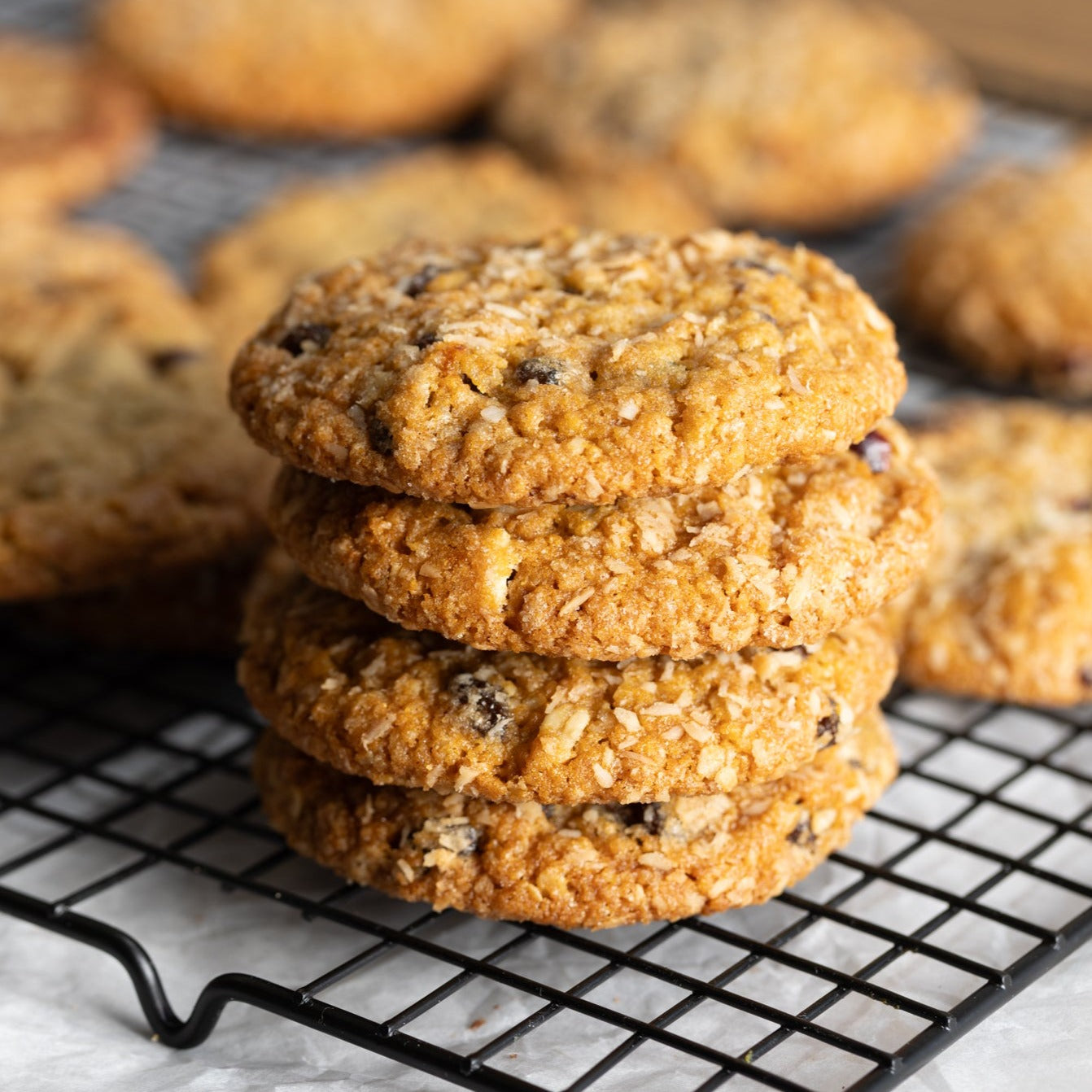 Box of 6 frozen coconut oatmeal cookie dough with golden syrup (a.k.a. Anzac Biscuits), ready to bake at home