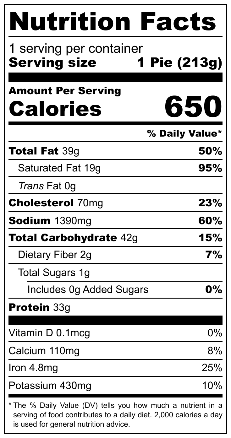 Nutrition Facts for steak and cheese pie (total fat 39g, cholesterol 70mg, sodium 1390mg, total carbohydrate 42g, protein 33g, calories per serving 650)