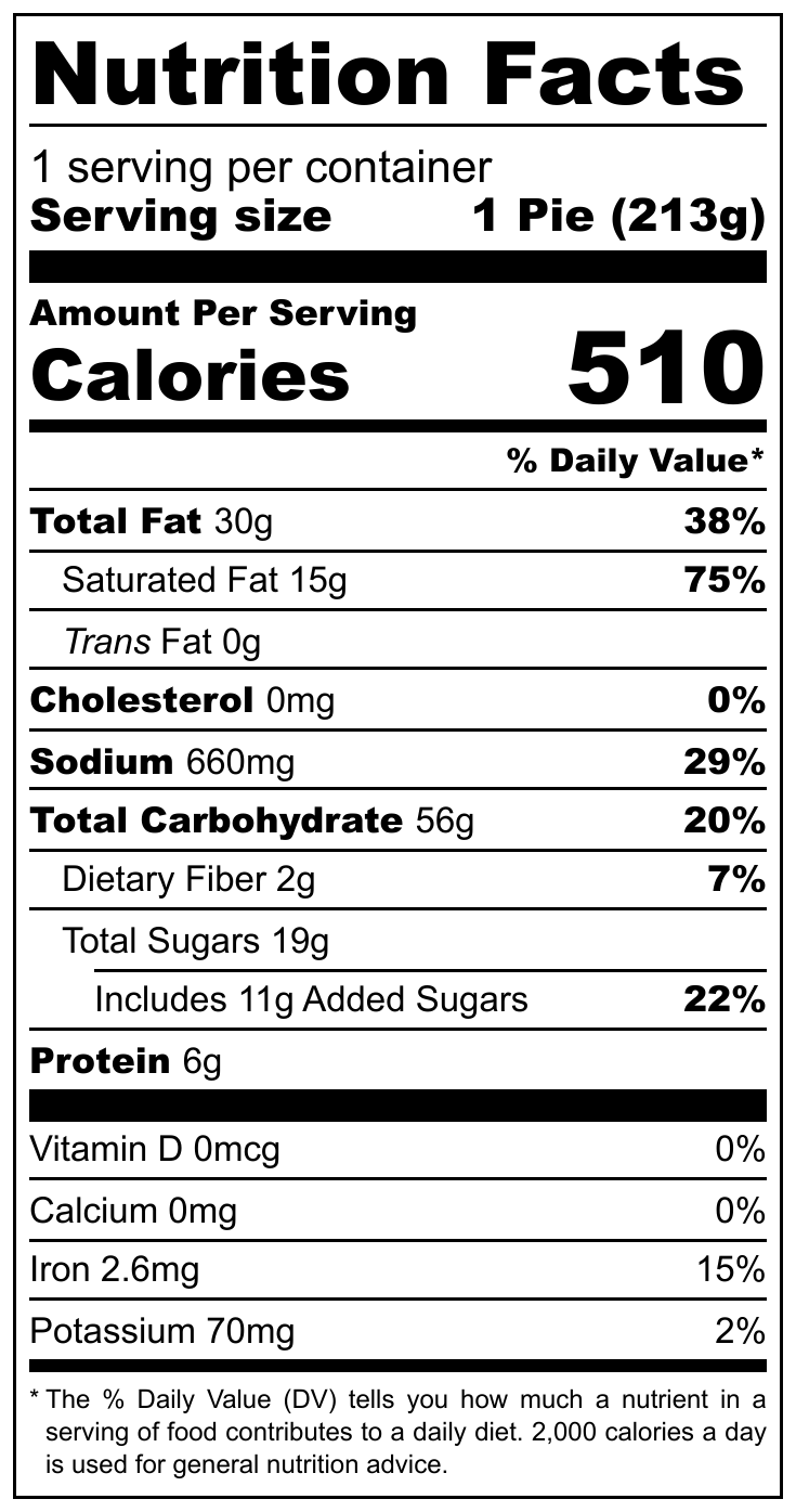 Nutrition Facts label for Classic Apple Pie. Serving size 1 pie, contains 510 calories. Provides 38% Daily Value of total fat, 0% cholesterol, 29% sodium, 20% total carbohydrate