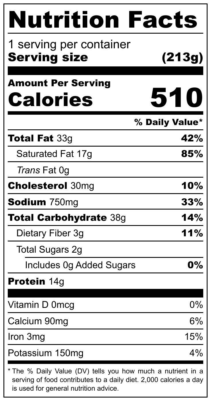 Nutrition Facts label for Guinness Steak Pie. Serving size 1 pie, contains 510 calories. Provides 42% daily value of total fat, 10% cholesterol, 33% sodium, 14% total carbohydrate