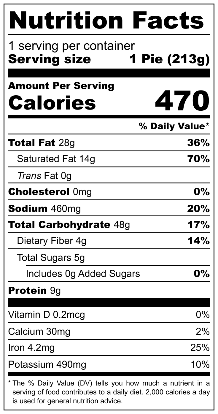 Nutrition Facts label for Mushroom Trio [Vegan] Pie. Serving size 1 pie, contains 470 calories. Provides 36% Daily Value of total fat, 0% cholesterol, 20% sodium, 17% total carbohydrate