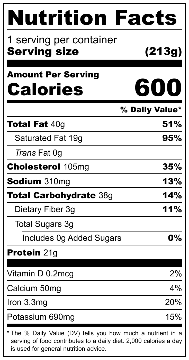 Nutrition Facts label for Potato Top Pie. Serving size 1 pie, contains 600 calories. Provides 51% daily value of total fat, 35% cholesterol, 13% sodium, 14% total carbohydrate